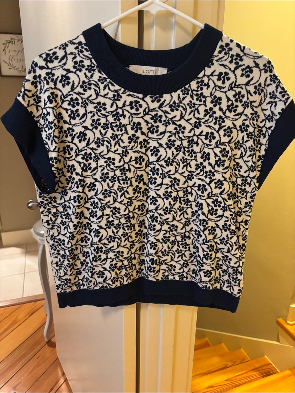 LOFT Navy Floral Jacquard Knit Tee